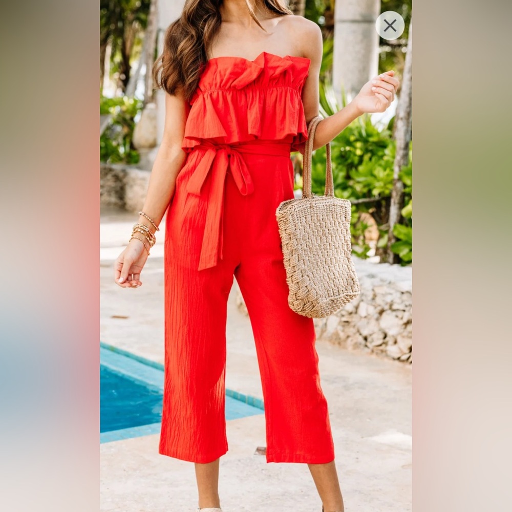 Mint Red Jumpsuit with Wide-Leg Silhouette and Textured Fabric
